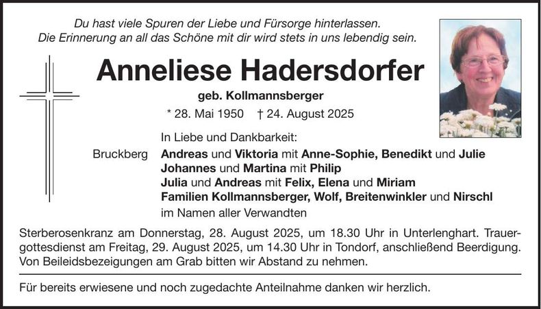 Traueranzeige Anneliese Hadersdorfer