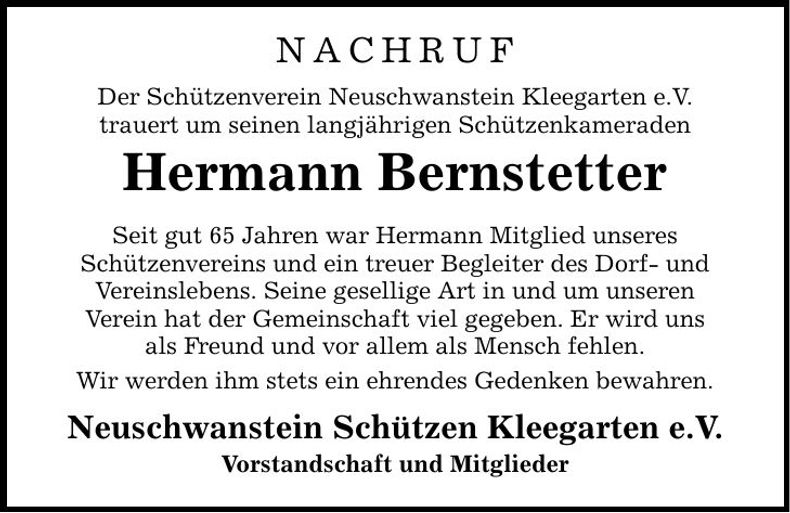 Traueranzeige Hermann Bernstetter