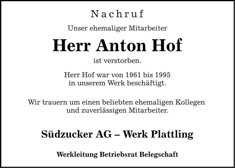 Traueranzeige Anton Hof