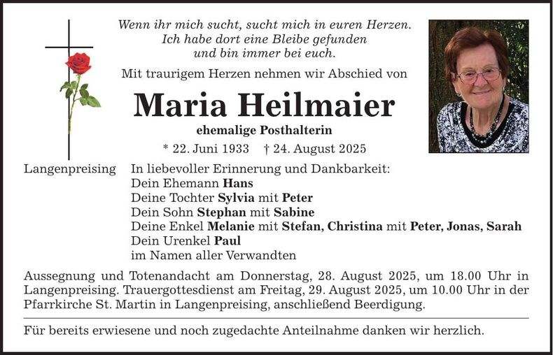 Traueranzeige Maria Heilmaier