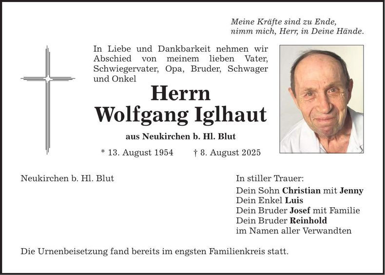 Traueranzeige Wolfgang Iglhaut