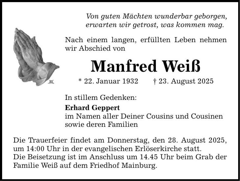 Traueranzeige Manfred Weiß