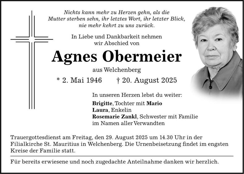 Traueranzeige Agnes Obermeier