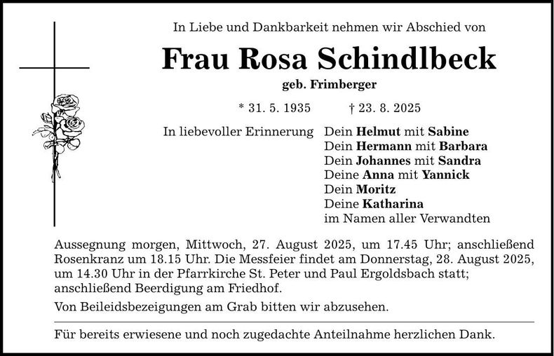 Traueranzeige Rosa Schindlbeck