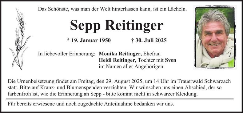 Traueranzeige Sepp Reitinger