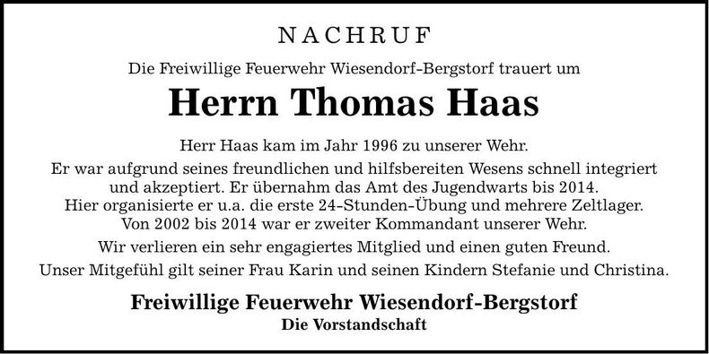 Traueranzeige Thomas Haas