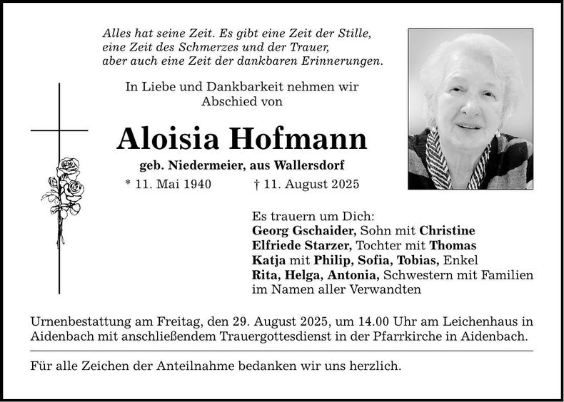 Traueranzeige Aloisia Hofmann