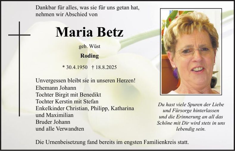 Traueranzeige Maria Betz