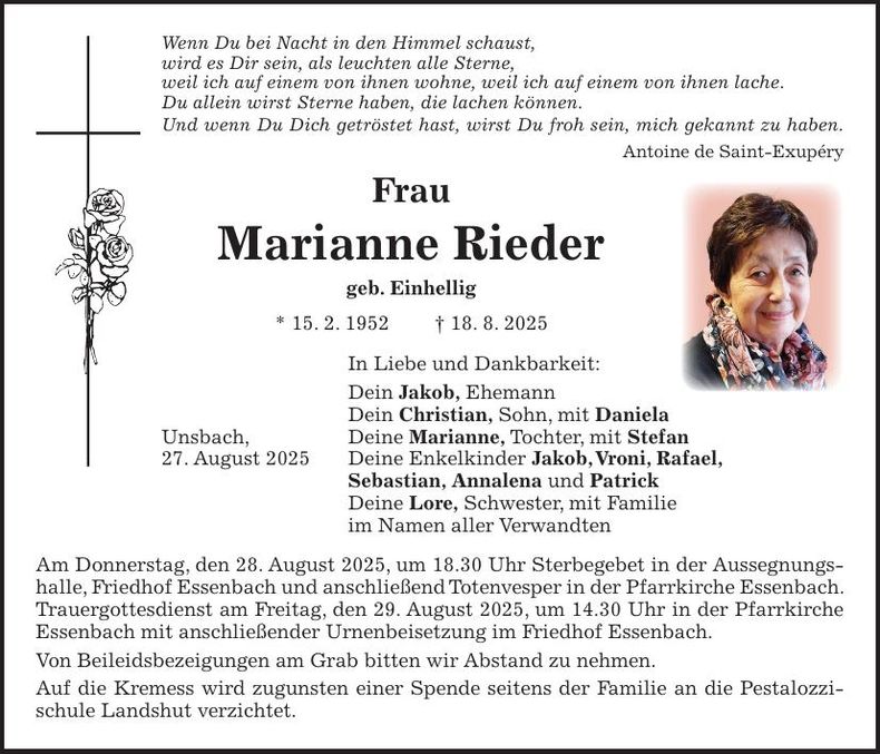 Traueranzeige Marianne Rieder