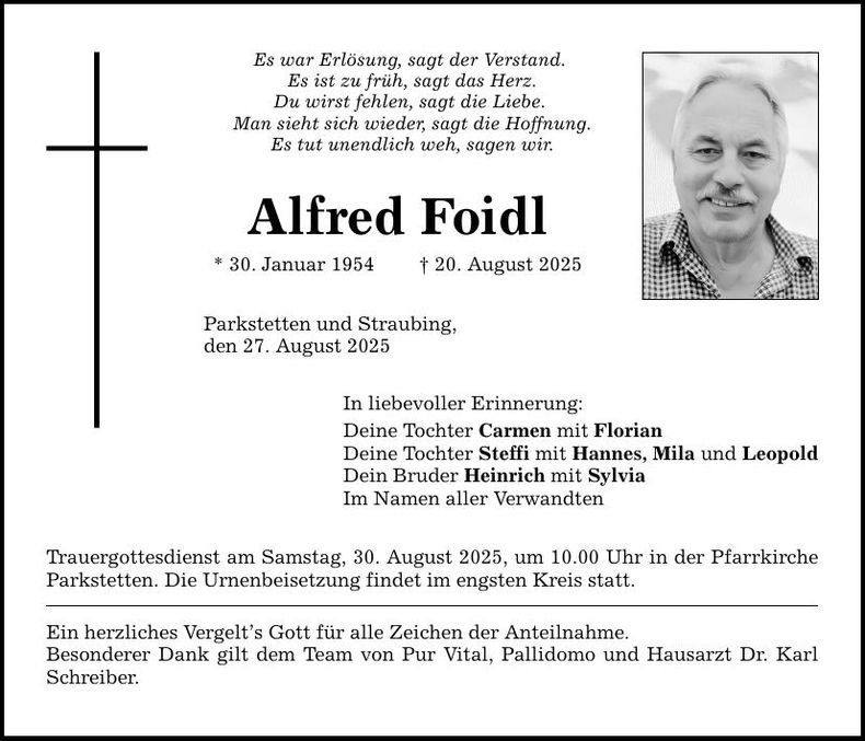 Traueranzeige Alfred Foidl