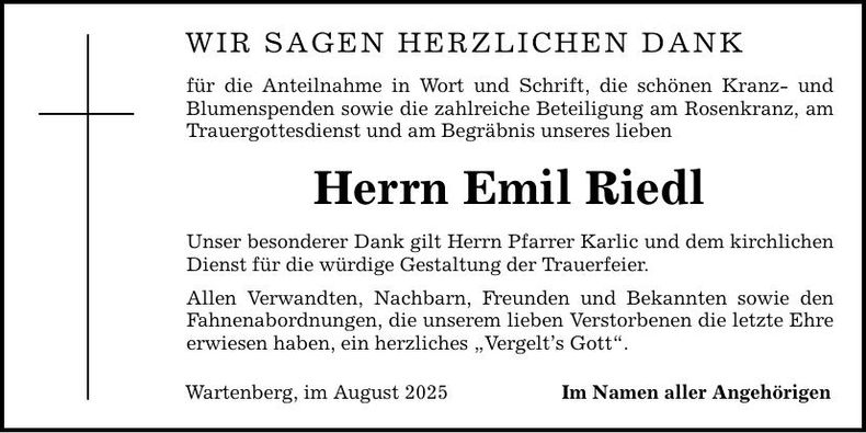 Traueranzeige Emil Riedl
