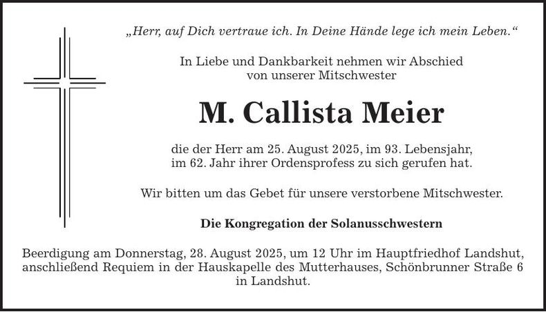 Traueranzeige M. Callista Meier