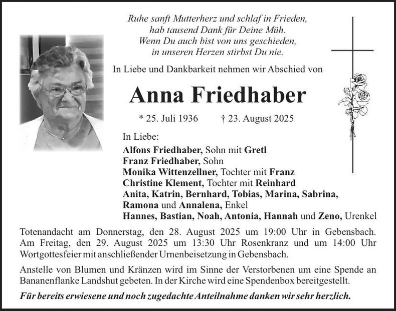 Traueranzeige Anna Friedhaber