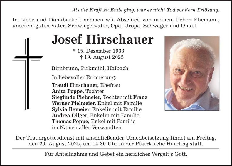 Traueranzeige Josef Hirschauer