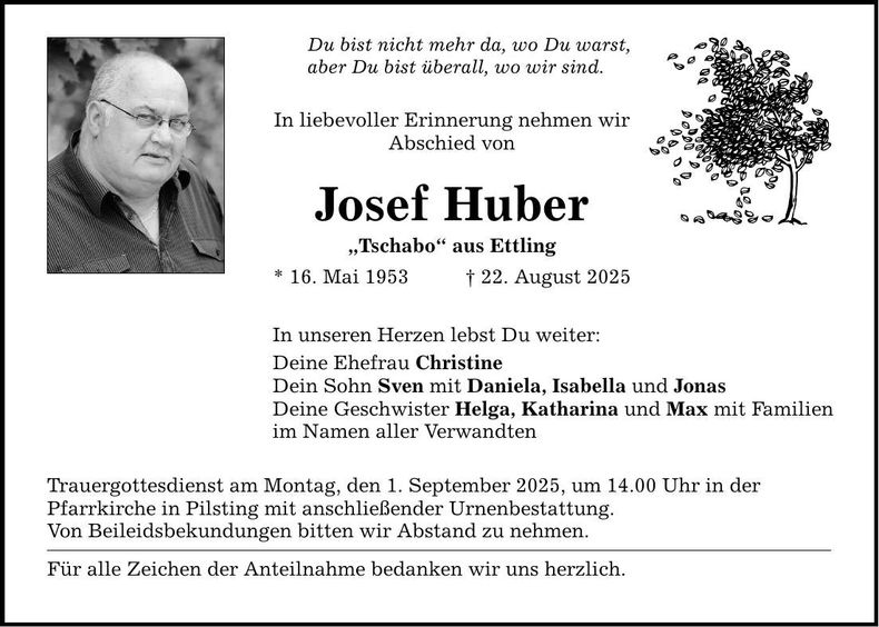 Traueranzeige Josef Huber