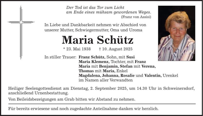 Traueranzeige Maria Schütz