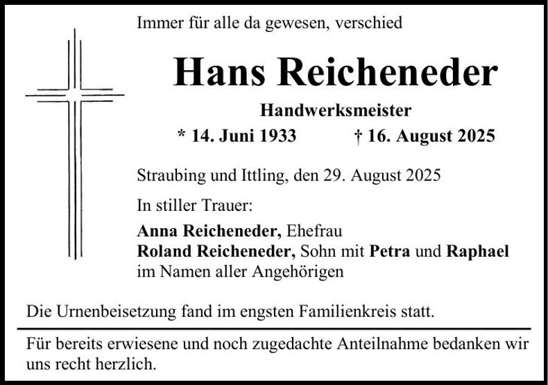 Traueranzeige Hans Reicheneder