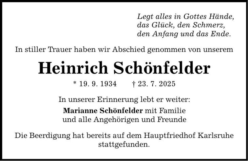 Traueranzeige Heinrich Schönfelder