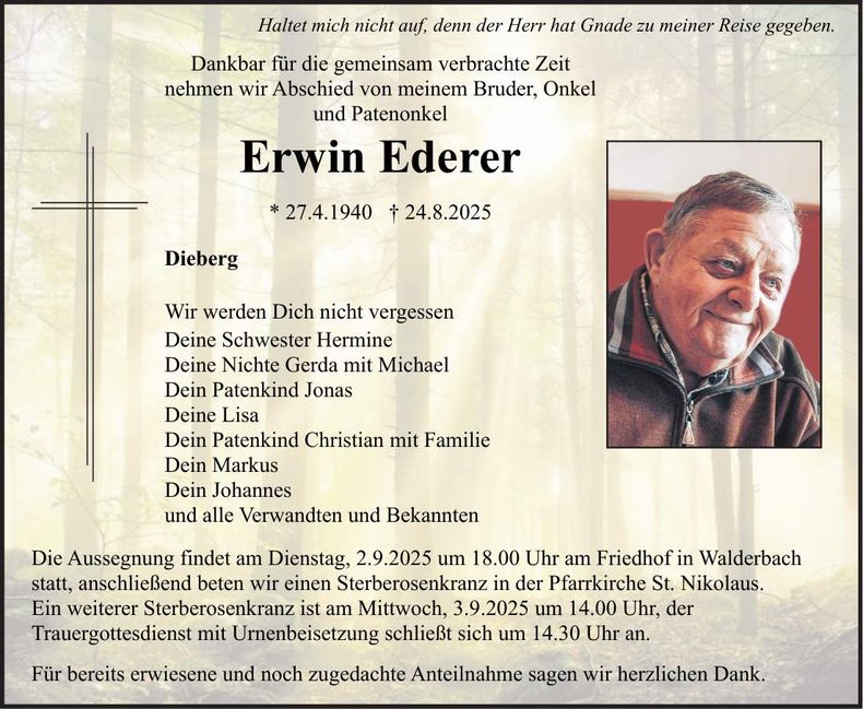 Traueranzeige Erwin Ederer