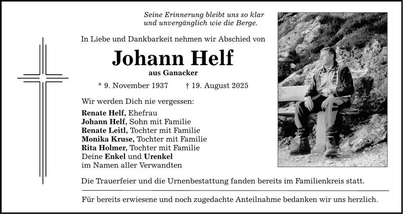 Traueranzeige Johann Helf