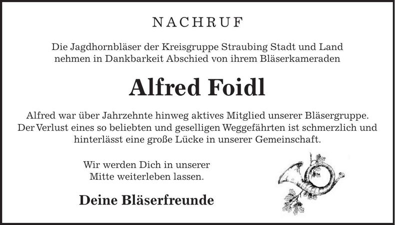 Traueranzeige Alfred Foidl
