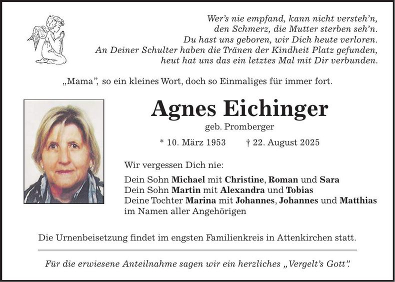 Traueranzeige Agnes Eichinger