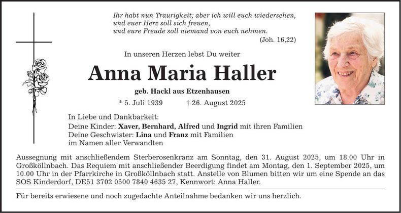 Traueranzeige Maria Haller