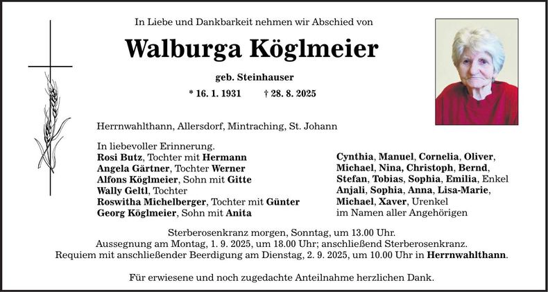 Traueranzeige Walburga Köglmeier