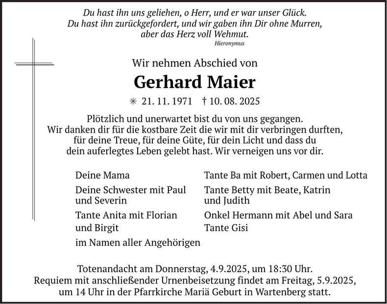 Traueranzeige Gerhard Maier