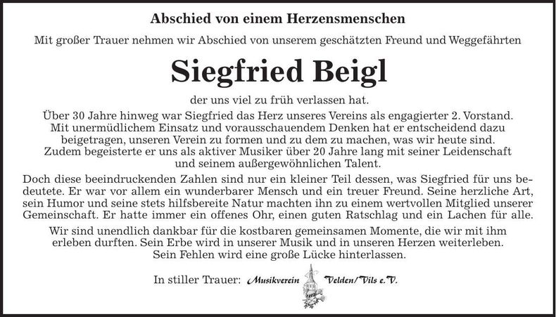 Traueranzeige Siegfried Beigl