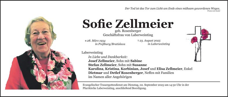 Traueranzeige Sofie Zellmeier
