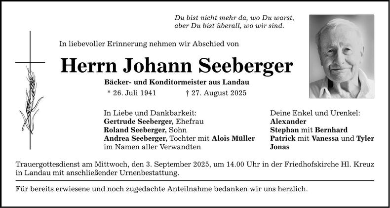 Traueranzeige Johann Seeberger