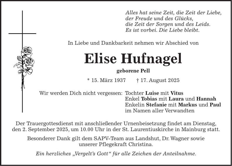 Traueranzeige Elise Hufnagel