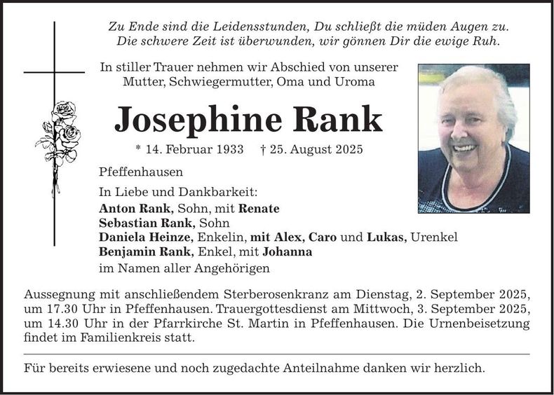 Traueranzeige Josephine Rank