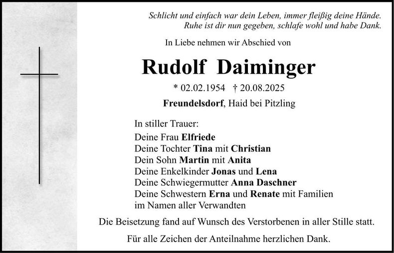 Traueranzeige Rudolf Daiminger