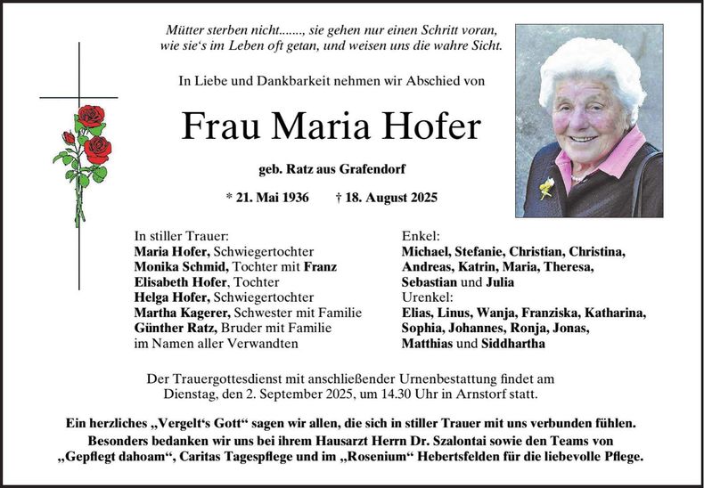 Traueranzeige Maria Hofer