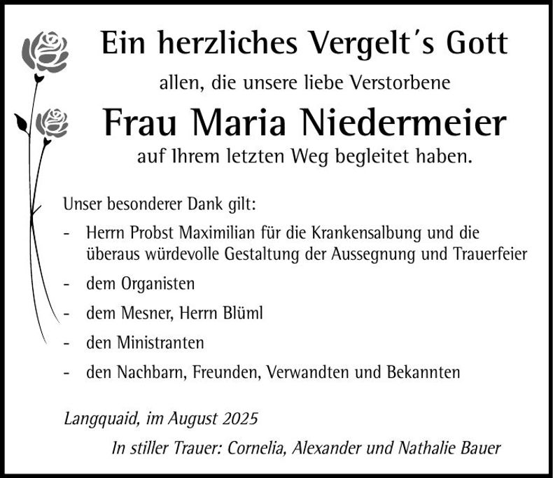 Traueranzeige Maria Niedermeier