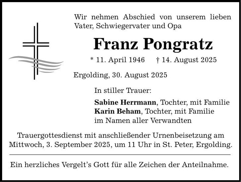 Traueranzeige Franz Pongratz