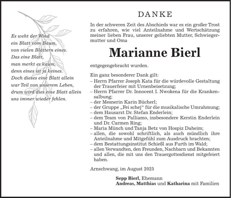 Traueranzeige Marianne Bierl