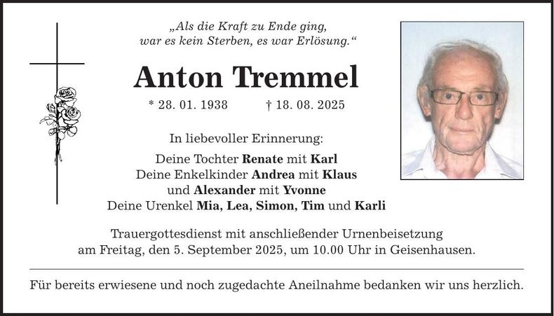 Traueranzeige Anton Tremmel