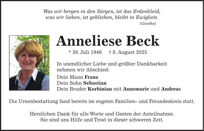 Traueranzeige Anneliese Beck