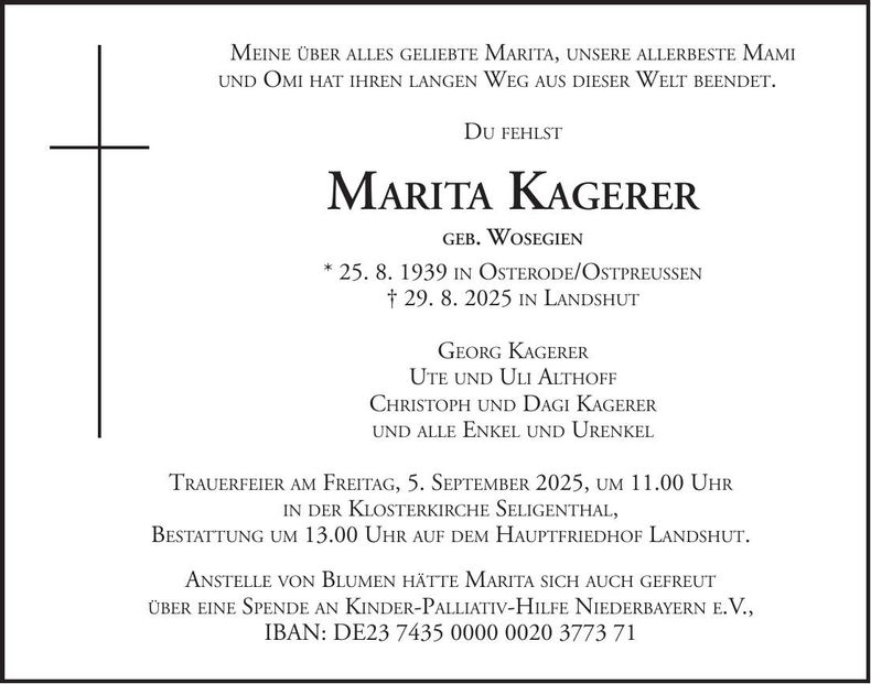 Traueranzeige Marita Kagerer