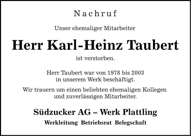 Traueranzeige Karl Heinz Taubert