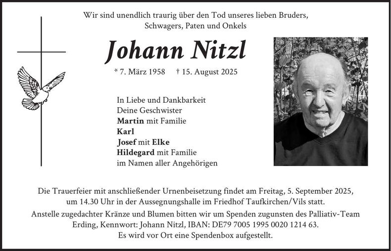 Traueranzeige Johann Nitzl