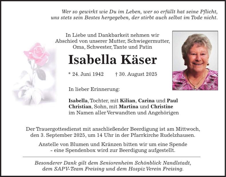 Traueranzeige Isabella Käser