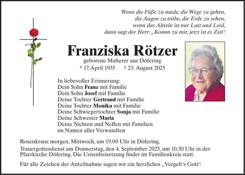 Traueranzeige Franziska Rötzer