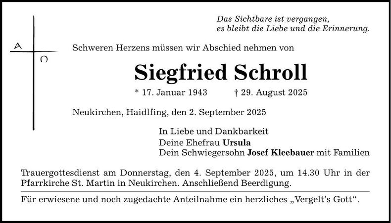 Traueranzeige Siegfried Schroll