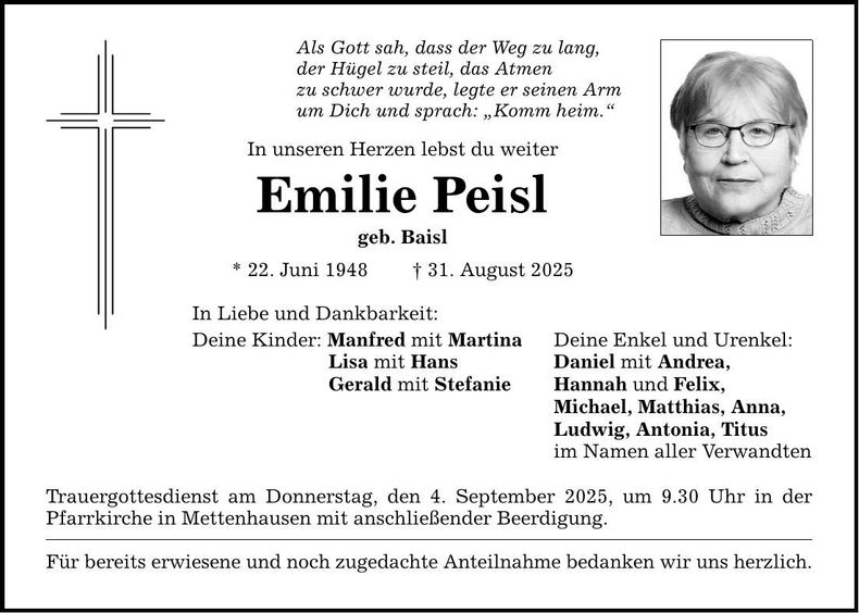 Traueranzeige Emilie Peisl