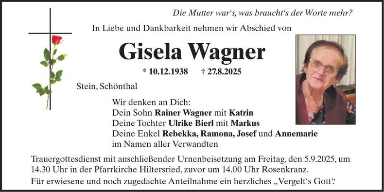Traueranzeige Gisela Wagner