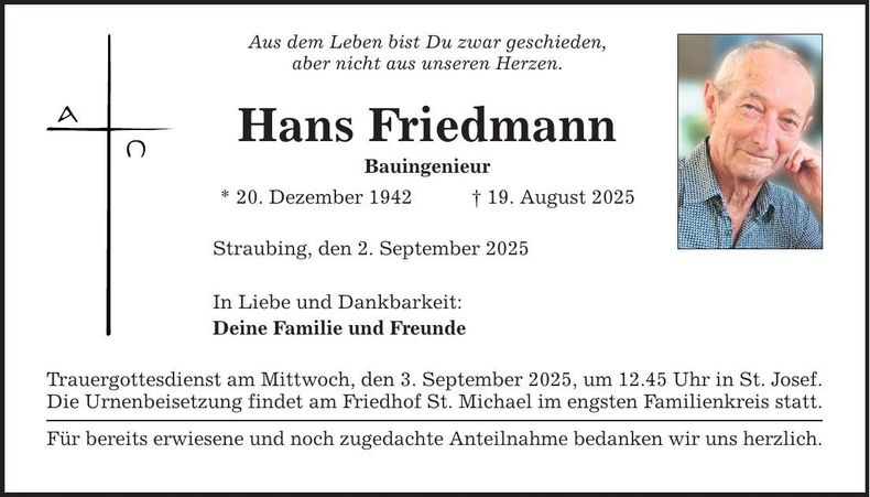 Traueranzeige Hans Friedmann